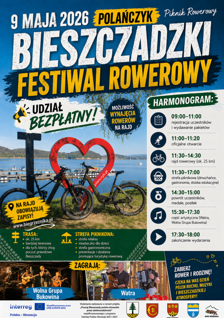 Plakat informuje, że 9 maja 2026 r. w Polańczyku odbędzie się Bieszczadzki Festiwal Rowerowy z bezpłatnym udziałem i możliwością wypożyczenia rowerów. Od 9:00 rozpocznie się rejestracja uczesnitków, następnie o 11:00 oficjalne otwarcie. Od 11:30 czynna będzie strefa piknikowa a o 15:3o rozpocznie się część artystyczna z udziałem Watra i Wolna Grupa Bukowina. Zakończenie planowane jest na godzinę 18:00, Rejestracja na rajd poprzez stronę internetową www.biegrzeznika.pl Plagát informuje, že 9. mája 2026 sa v Polańczyku uskutoční Bieszczadský cyklistický festival s bezplatnou účasťou a možnosťou zapožičania bicyklov. Od 9:00 začne registrácia účastníkov, následne o 11:00 oficiálne otvorenie. Od 11:30 bude otvorená pikniková zóna a o 15:30 začne umelecký program za účasti skupín Watra a Wolna Grupa Bukowina. Ukončenie je naplánované na 18:00. Registrácia na cyklistický výlet prebieha prostredníctvom webovej stránky www.biegrzeznika.pl