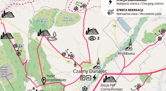 Mapa z atrakcjami obszaru Miasta i Gminy Czarny Dunajec oraz Trsteny